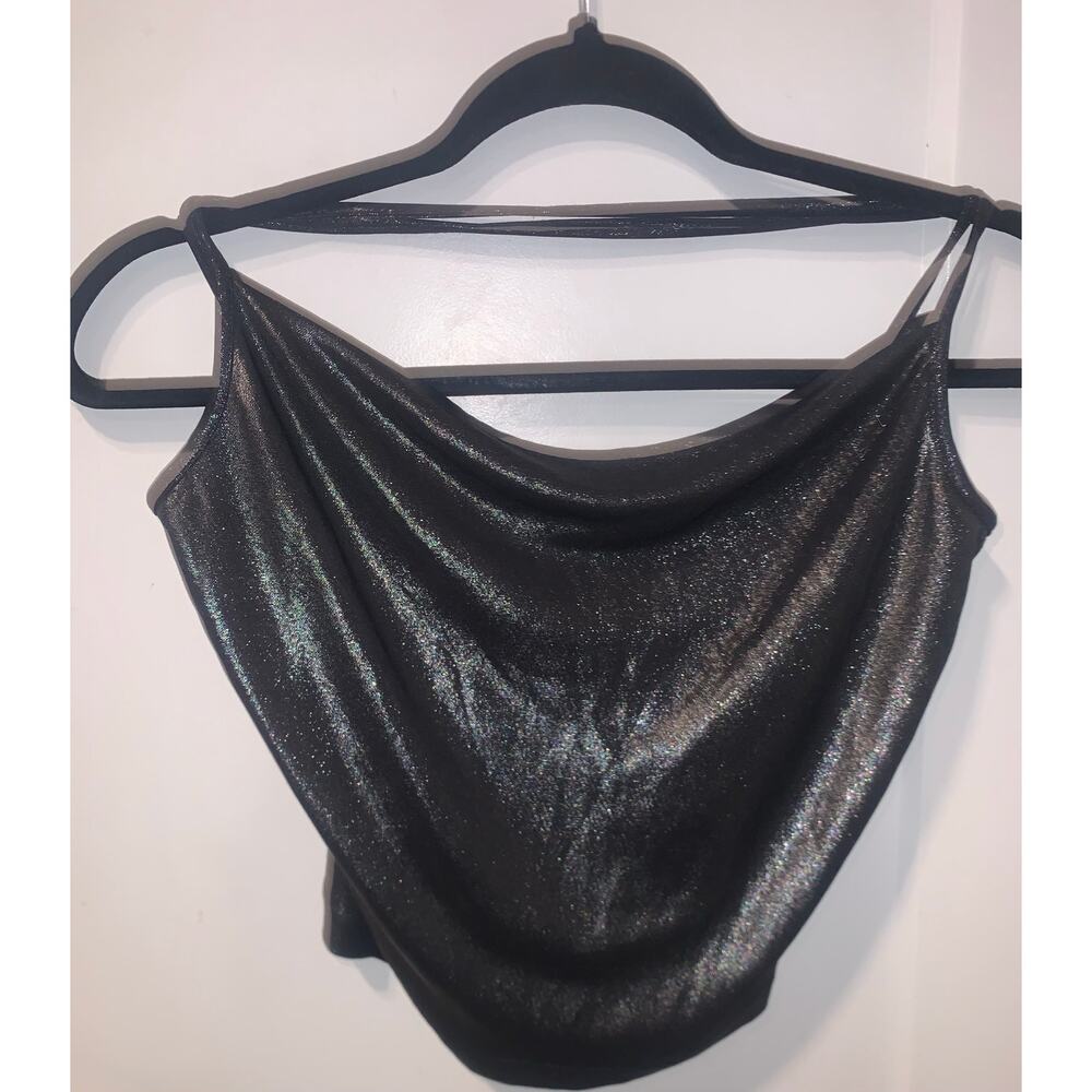 Vintage Y2K Pia Metallic Cowl Neck Top USA Black Medium‎